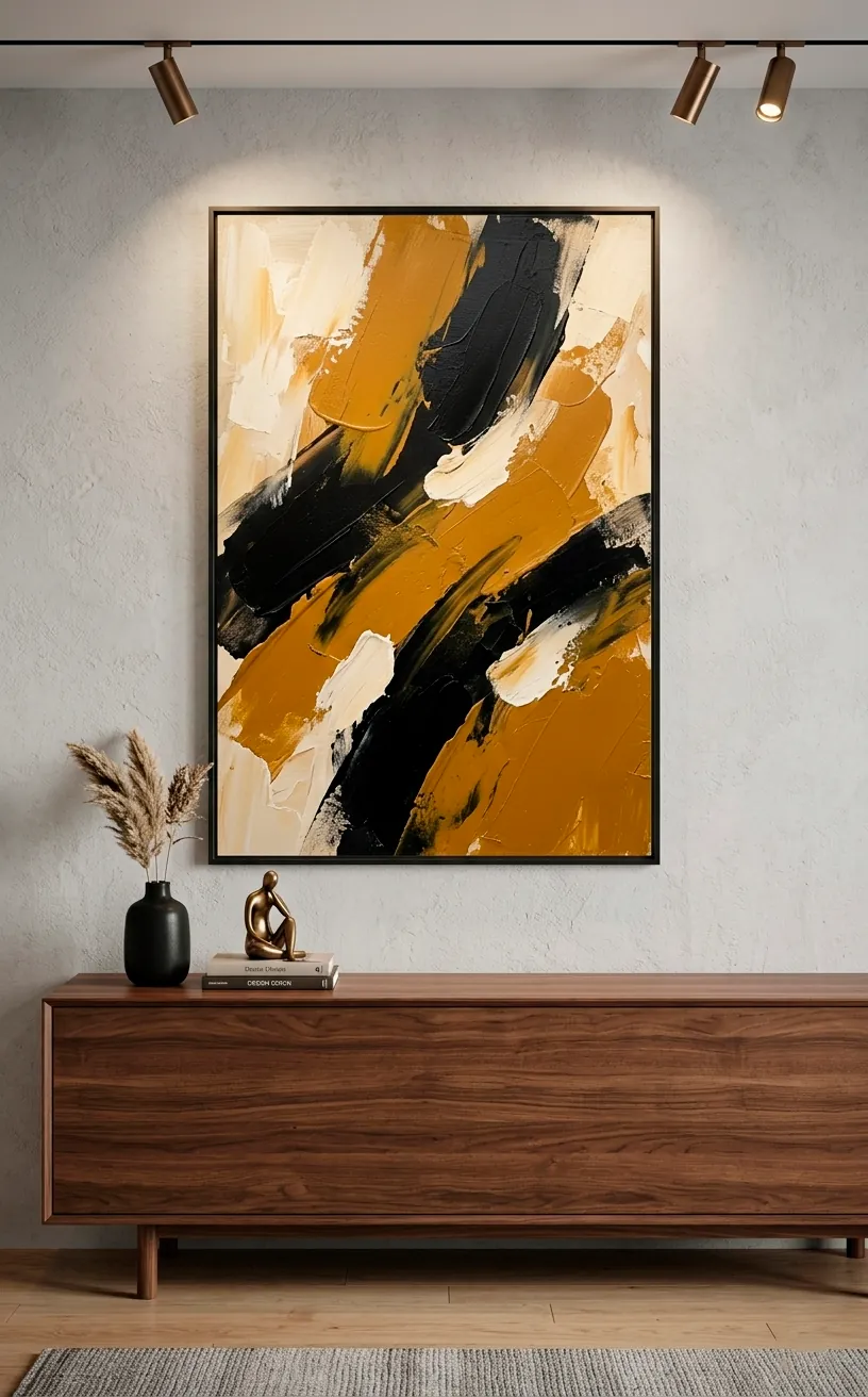 Large abstract mustard yellow and black wall art hanging above a walnut sideboard.