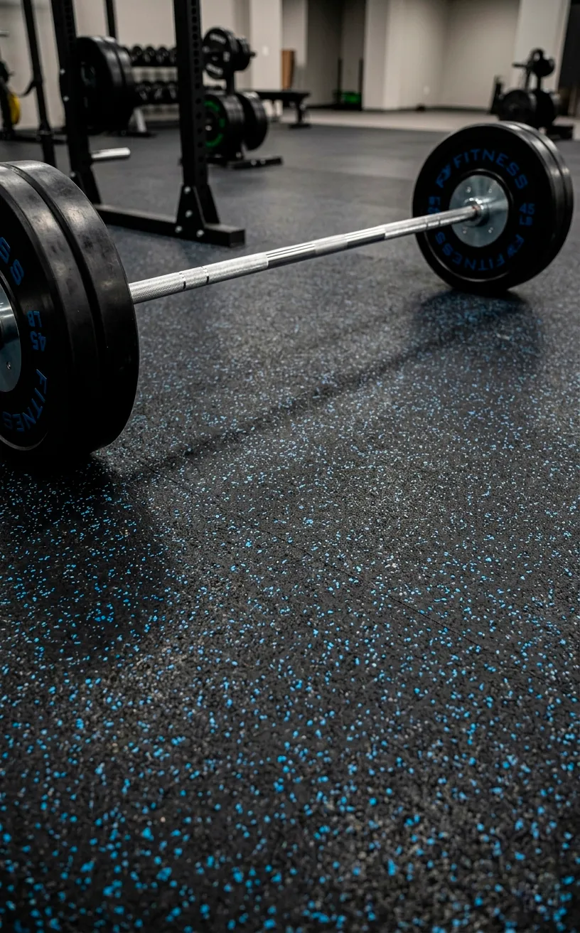 Heavy-duty black recycled rubber flooring with blue flecks in a gym.