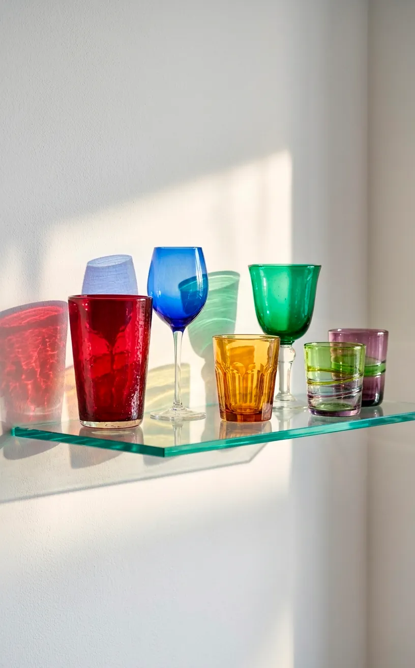 Vibrant multicolored glassware arranged on a shelf casting colorful light shadows.