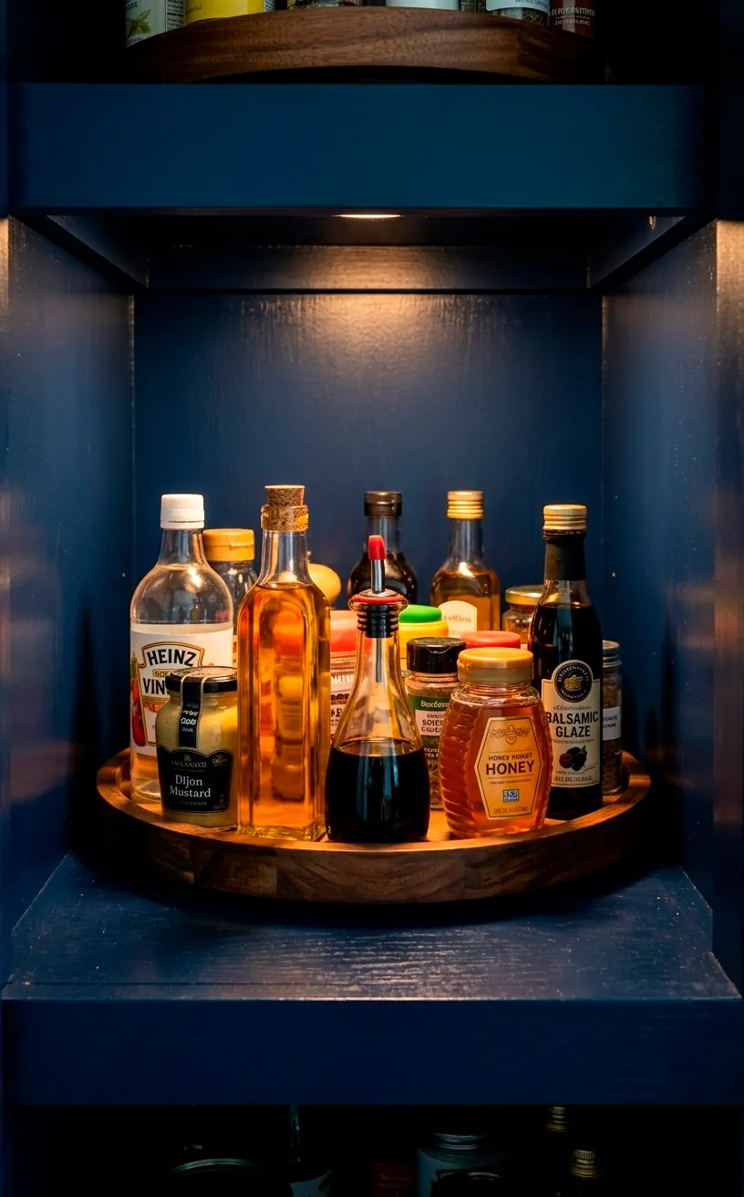 Wooden Lazy Susan inside a navy blue kitchen cabinet holding condiment bottles.