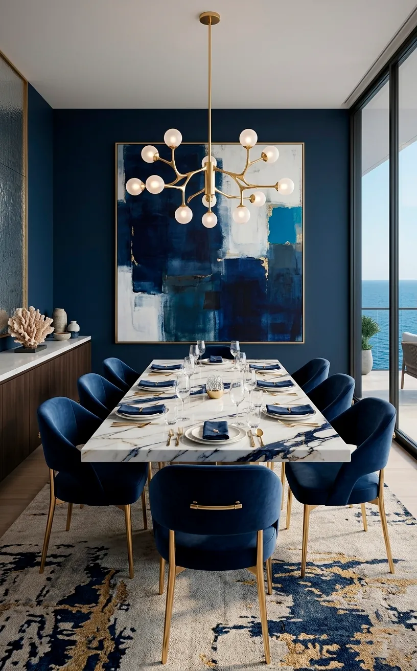 Modern dining room with navy chairs and abstract blue art.