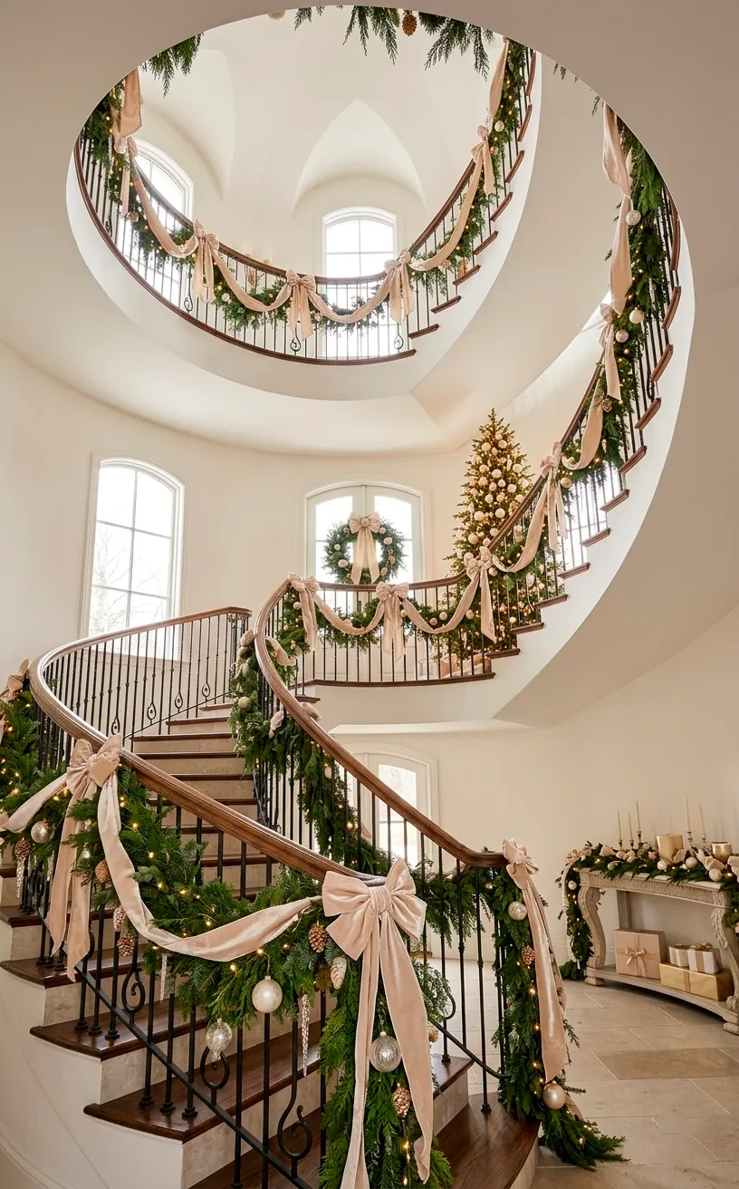 Grand staircase with evergreen garland and draped champagne velvet ribbon for the holidays.