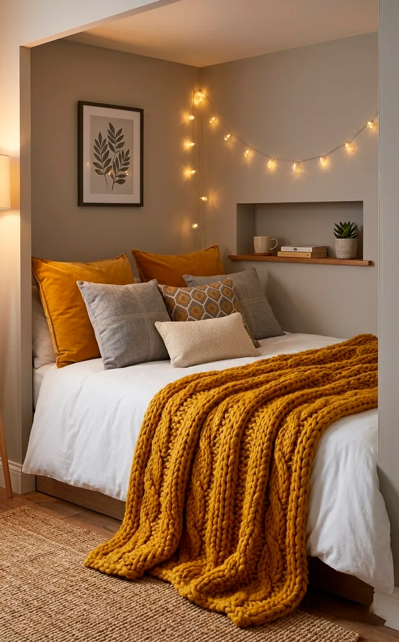 Chunky mustard yellow knit throw blanket on a bed with white linens.