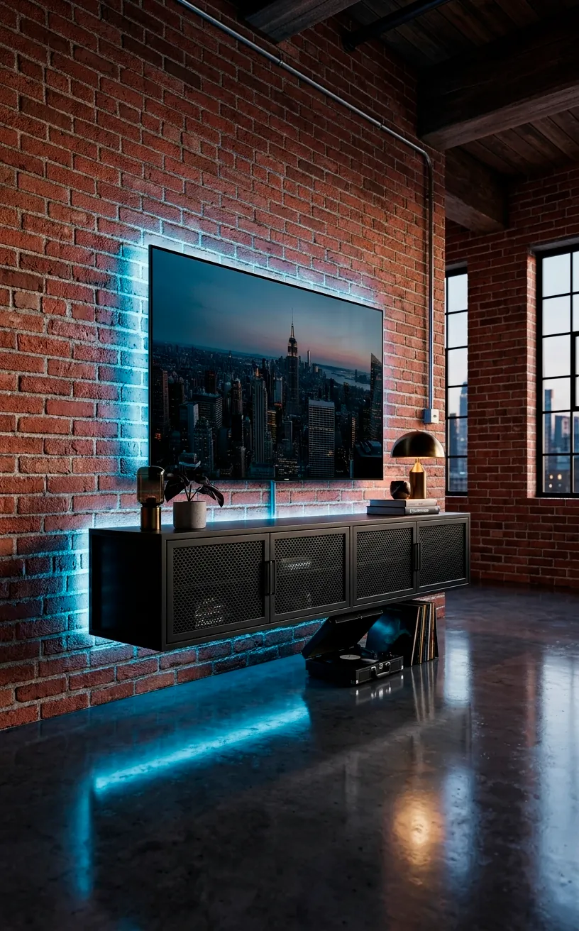 Industrial matte black floating TV stand with mesh doors on a rustic red brick wall.