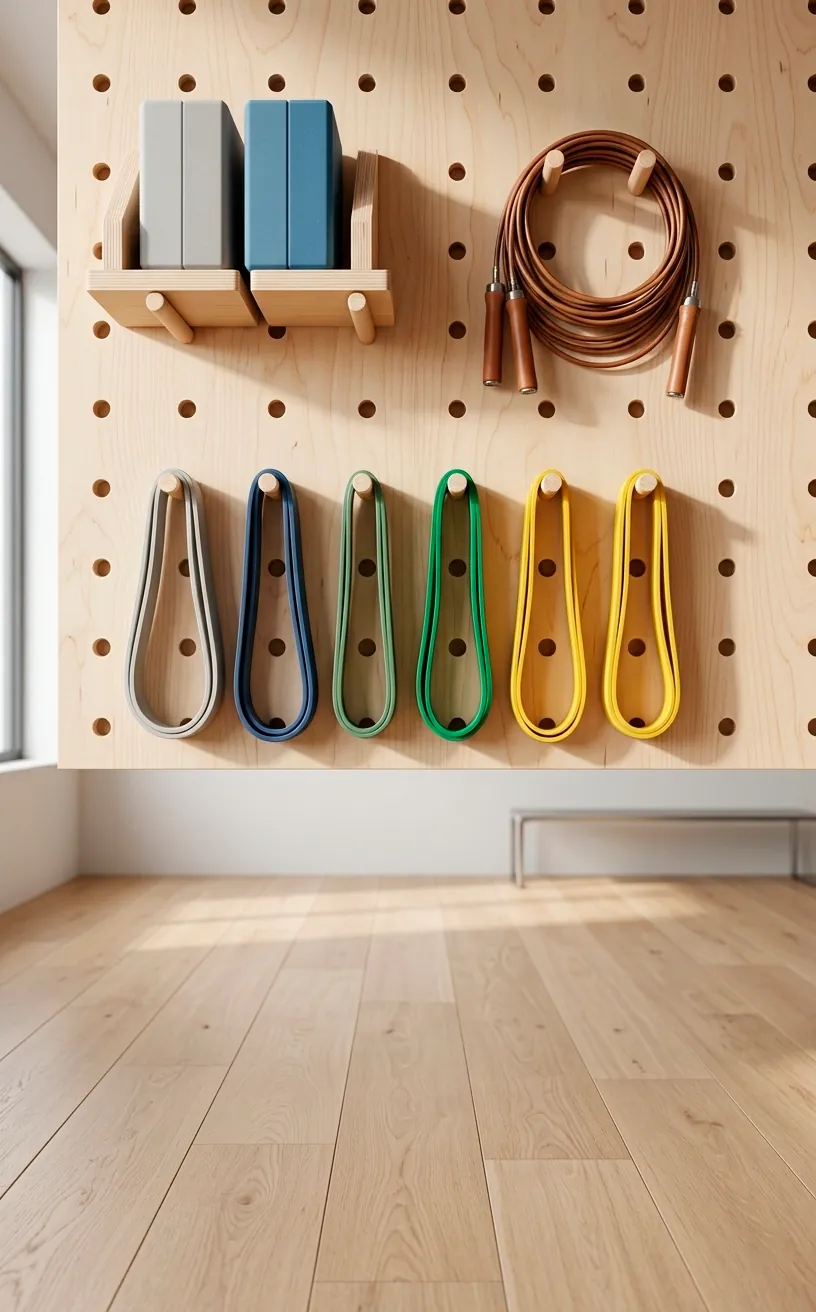 Organized wooden pegboard wall in a gym holding fitness accessories above a clear floor.