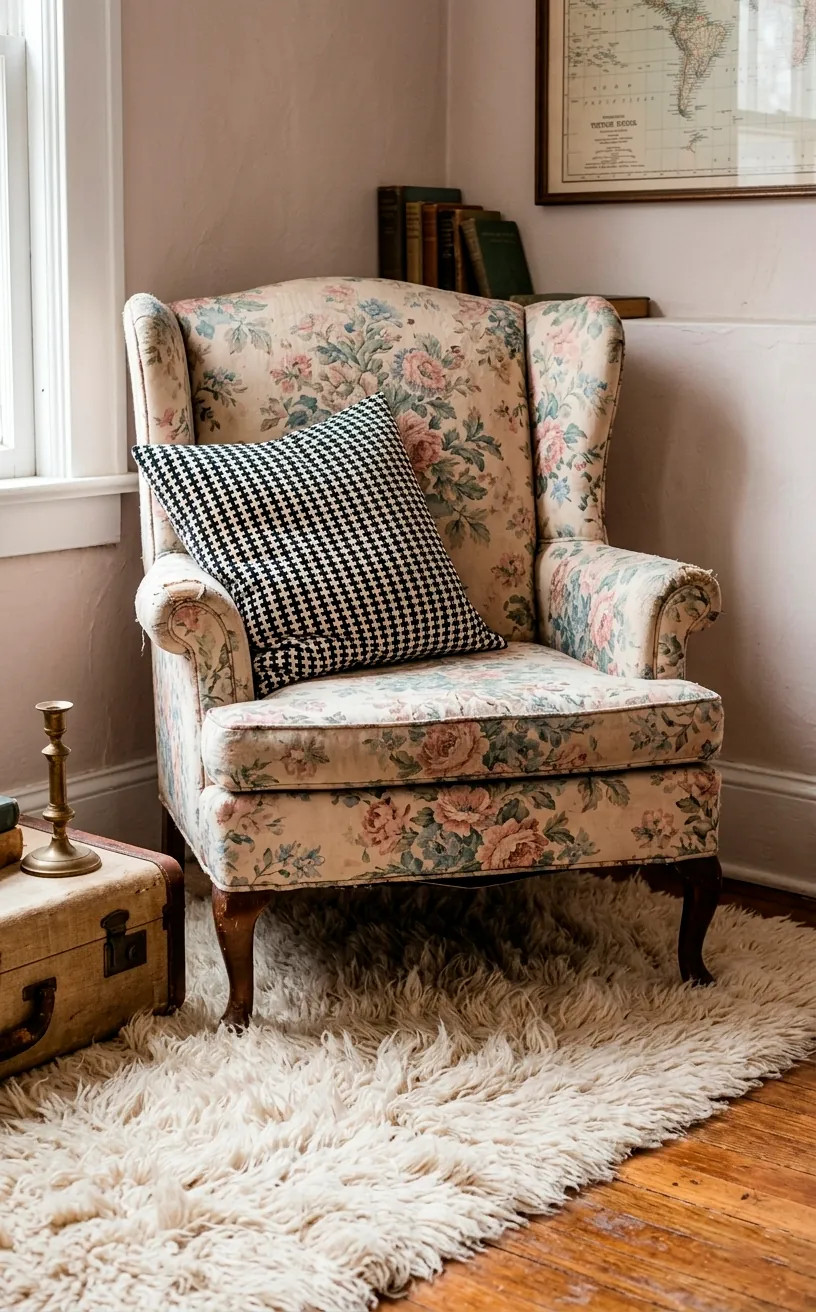A vintage floral wingback chair with a geometric pattern pillow on a cream shag rug.