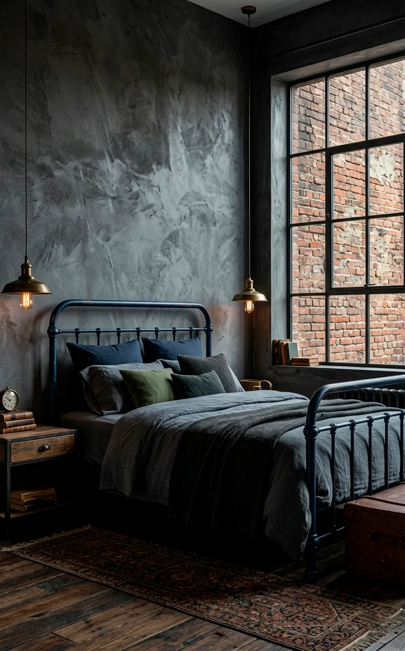 Industrial bedroom featuring charcoal lime wash walls and a navy metal bed frame in urban setting.