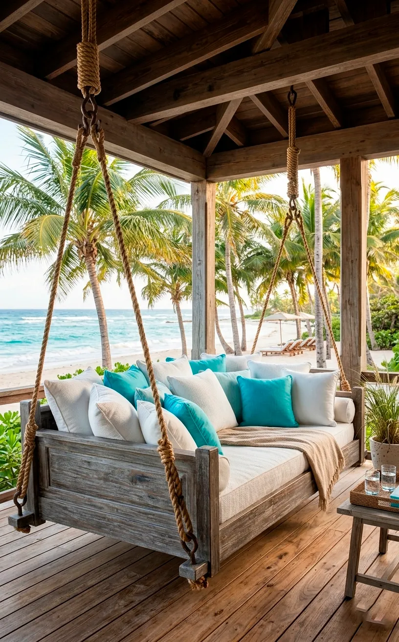 Weathered teak hanging daybed with nautical rope and coastal pillows.