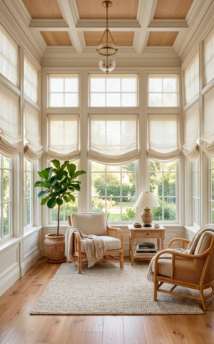 Luxurious sunroom with ivory linen Roman shades and airy interior design.