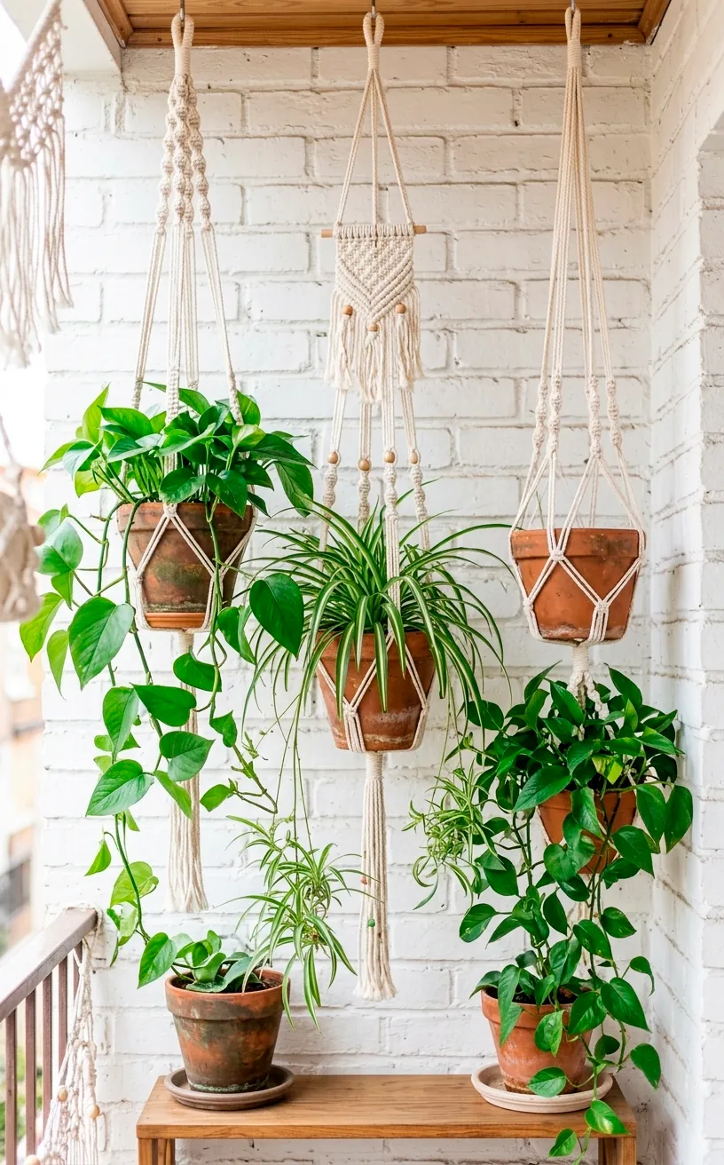 Macramé plant hangers with greenery against a white brick wall.
