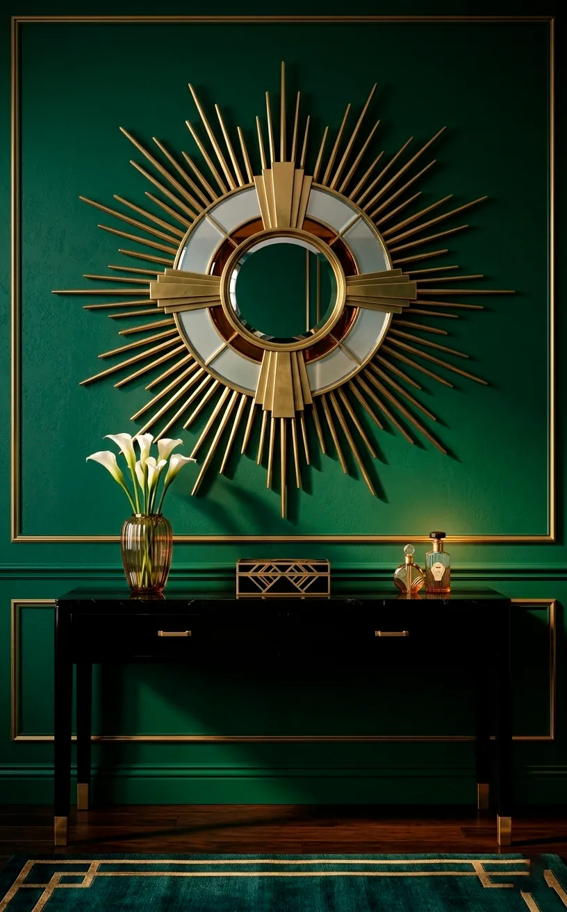 Art Deco sunburst mirror with brass rays hanging on a dark green wall in a modern room.