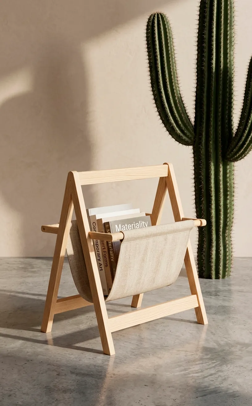 A-frame wood and linen magazine rack standing next to a cactus.
