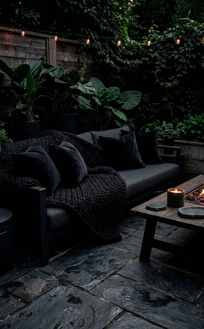 Dark grey outdoor sofa with black knit blankets and velvet cushions.