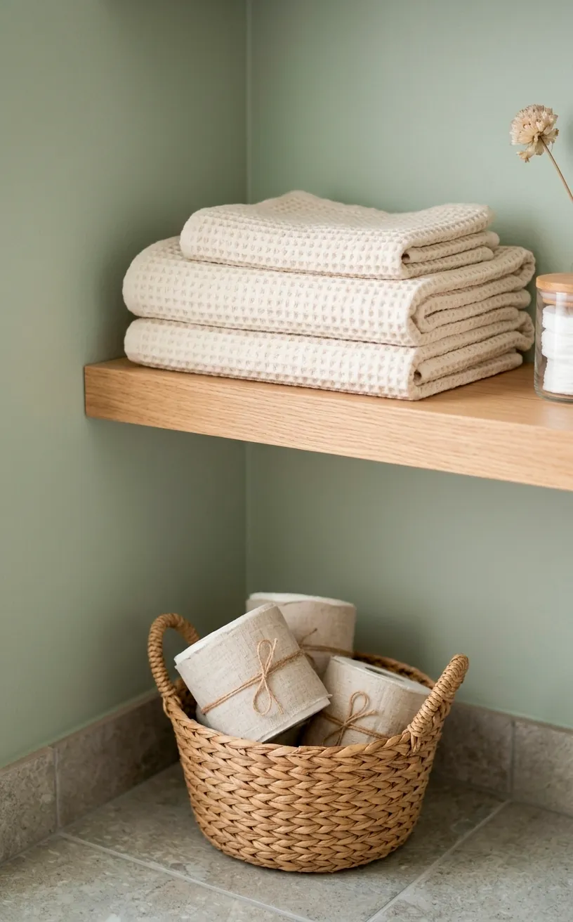 Cream waffle-knit towels stacked on a wooden shelf against a sage green wall.