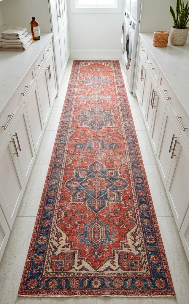Faded Persian runner rug adding warmth to a modern white laundry room with wooden accents.