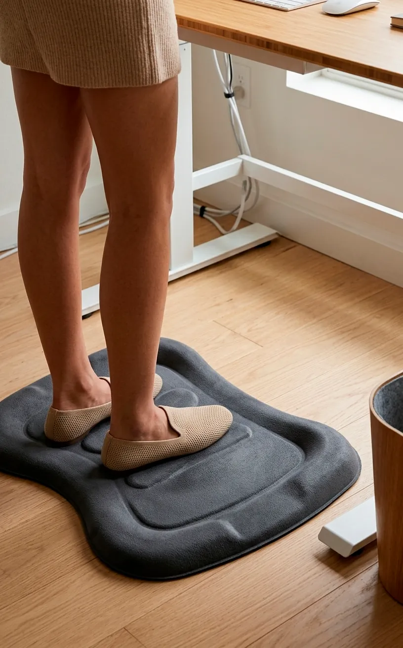 Person standing on a gray anti-fatigue mat at a bamboo desk showing ergonomic office comfort.