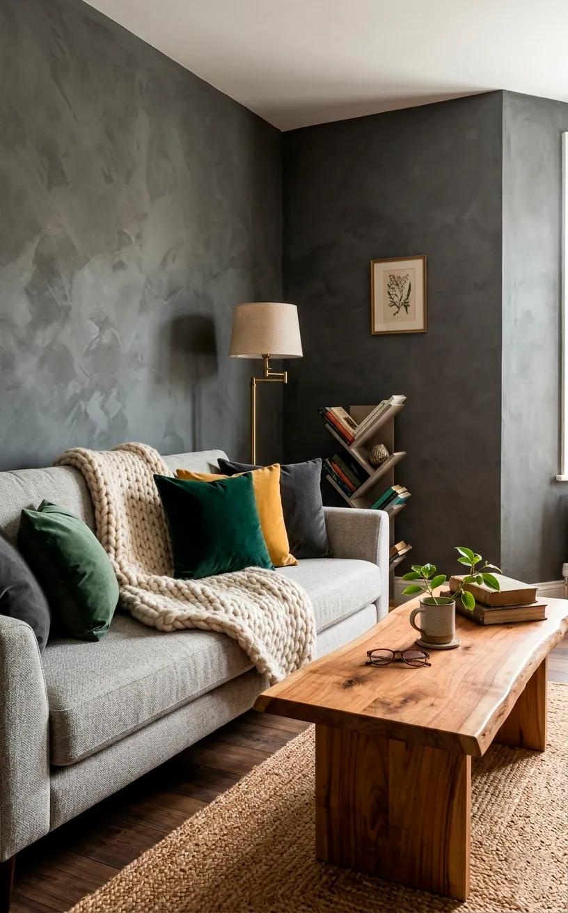 Dark gray lime wash walls with a textured sofa and chunky knit blanket in a small room.