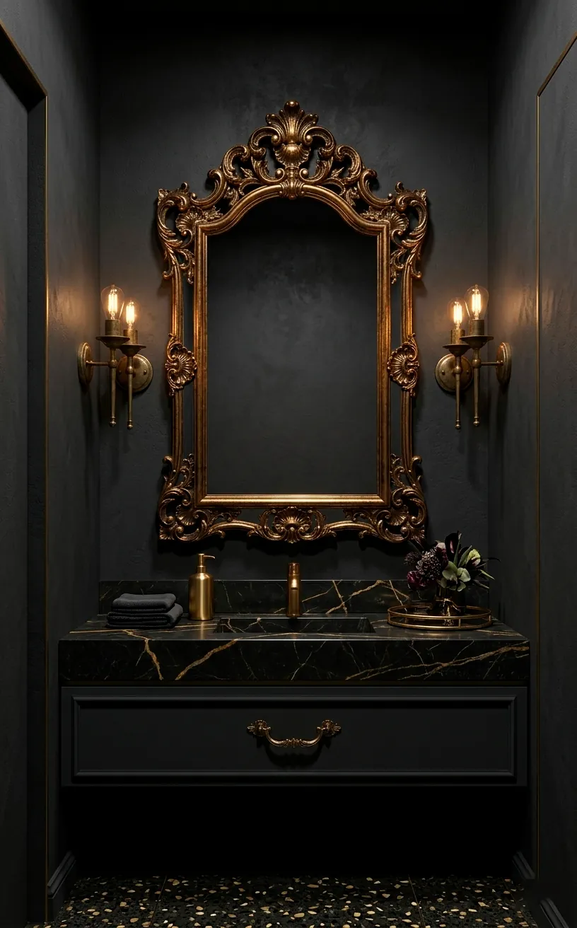 Dramatic black bathroom with an ornate gold mirror and brass sconces.