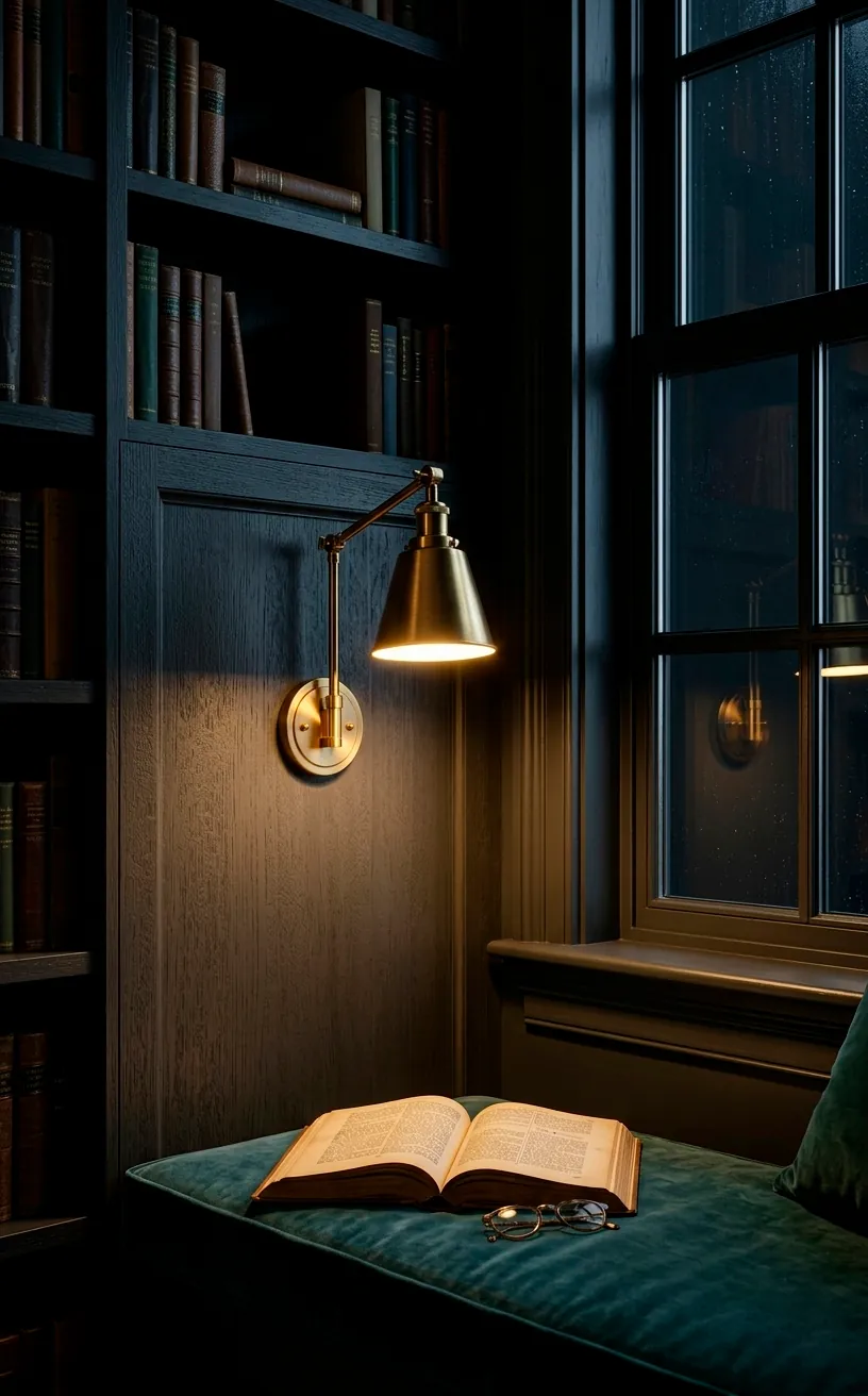 Brass swing-arm sconce lighting up a reading nook at night.