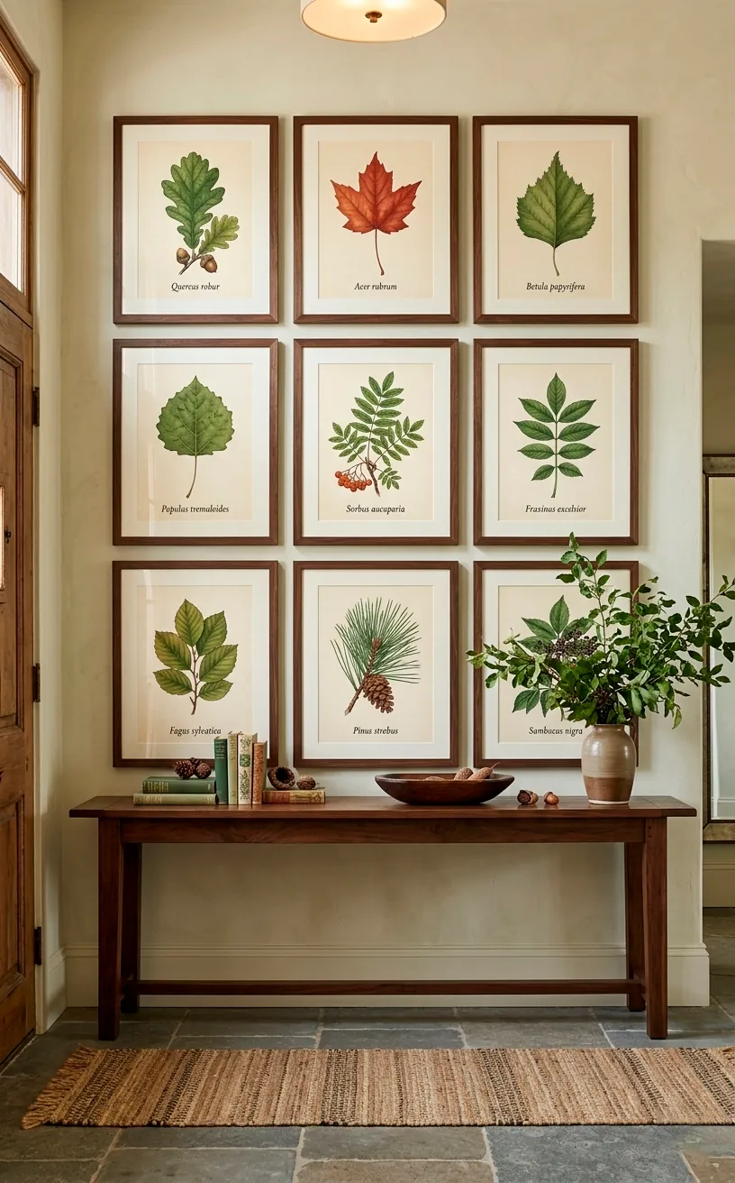 Large 3x3 grid of forest leaf botanical prints in dark wood frames on a foyer wall.