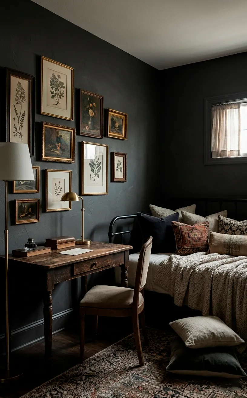Black metal daybed styled with pillows in a moody guest office.