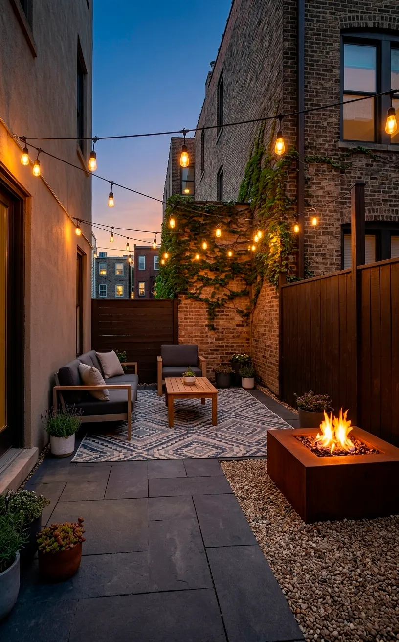 Zoned urban patio with a geometric rug, outdoor sofa, and string lights at night.