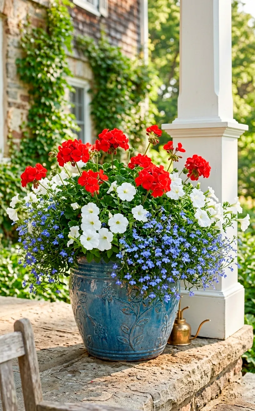 Blue ceramic planter with red, white, and blue flowers on a stone porch.