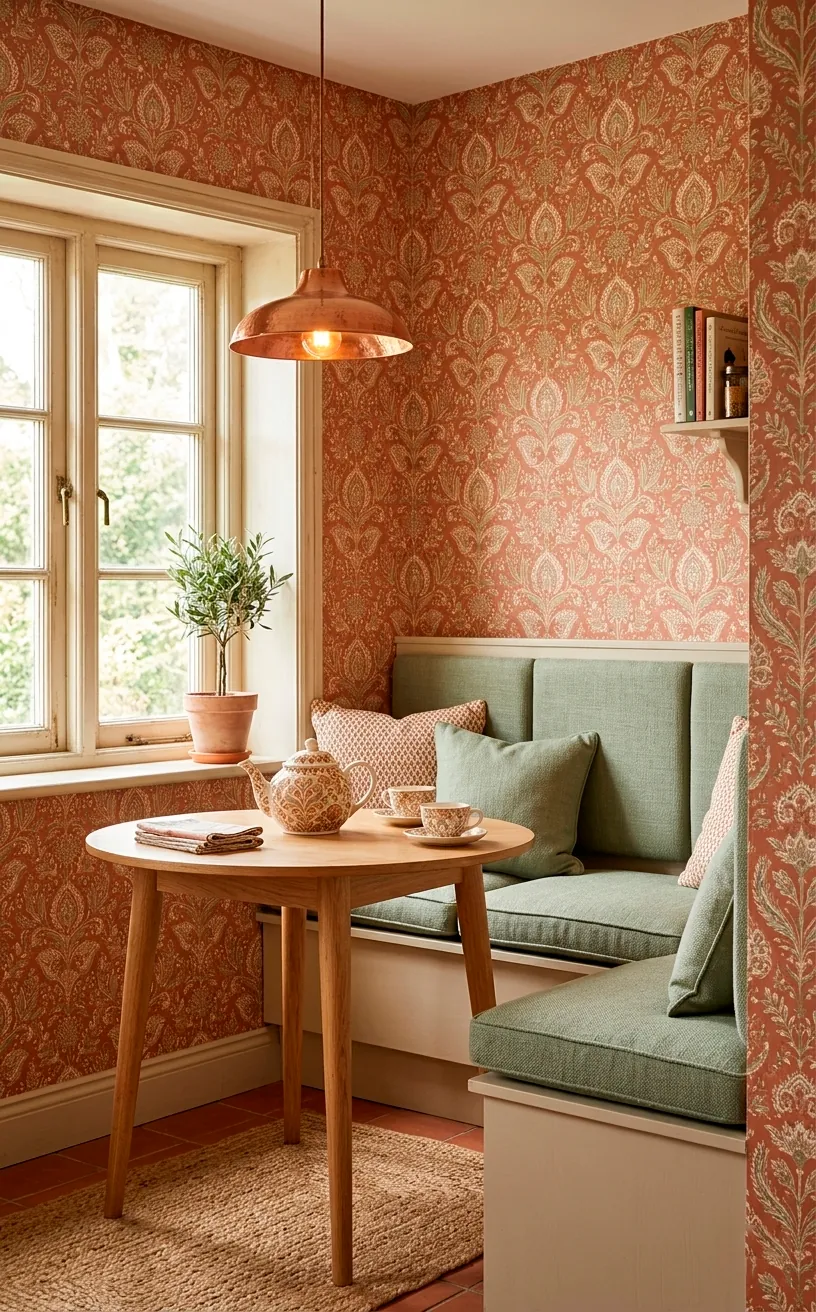 Boho breakfast nook with terracotta wallpaper and sage green cushions sharing a cohesive color palette.