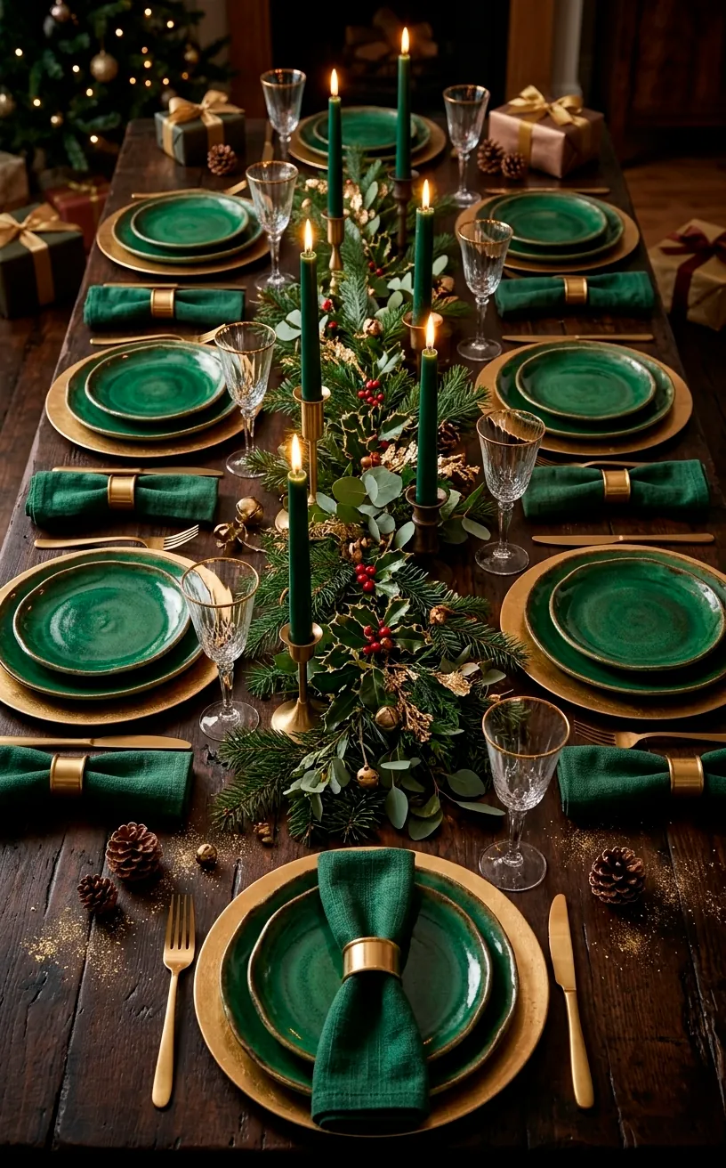Elegant Christmas table setting with emerald green plates and gold cutlery on dark wood.