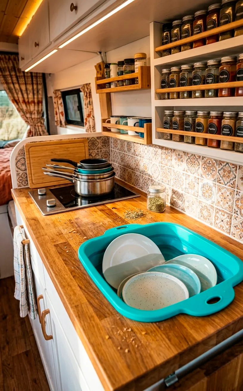 Teal collapsible silicone sink on a butcher block countertop in a camper van kitchen.