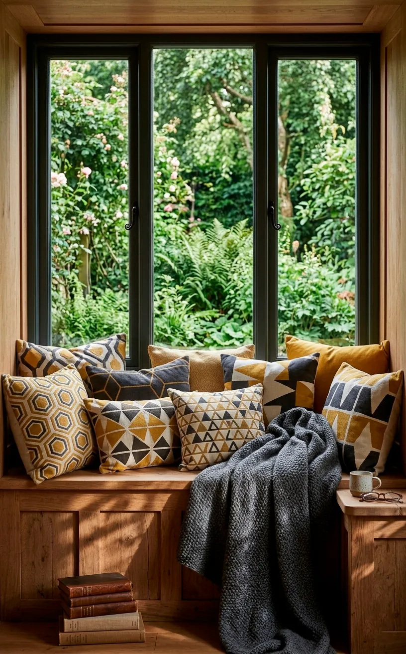 Cozy window seat filled with mustard and charcoal geometric throw pillows.