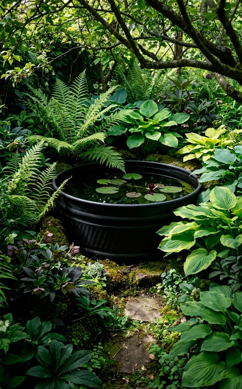Matte black stock tank pond hidden among lush green ferns and hostas in a garden.