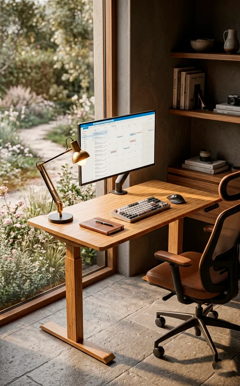 High-end bamboo standing desk in a sunlit modern home office with a natural wood grain finish.