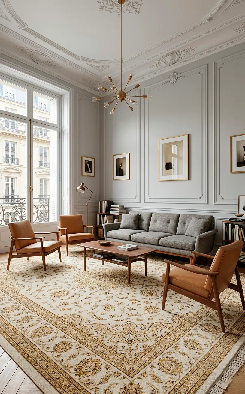 Large cream Persian rug anchoring furniture in a small Parisian style living room hero shot.