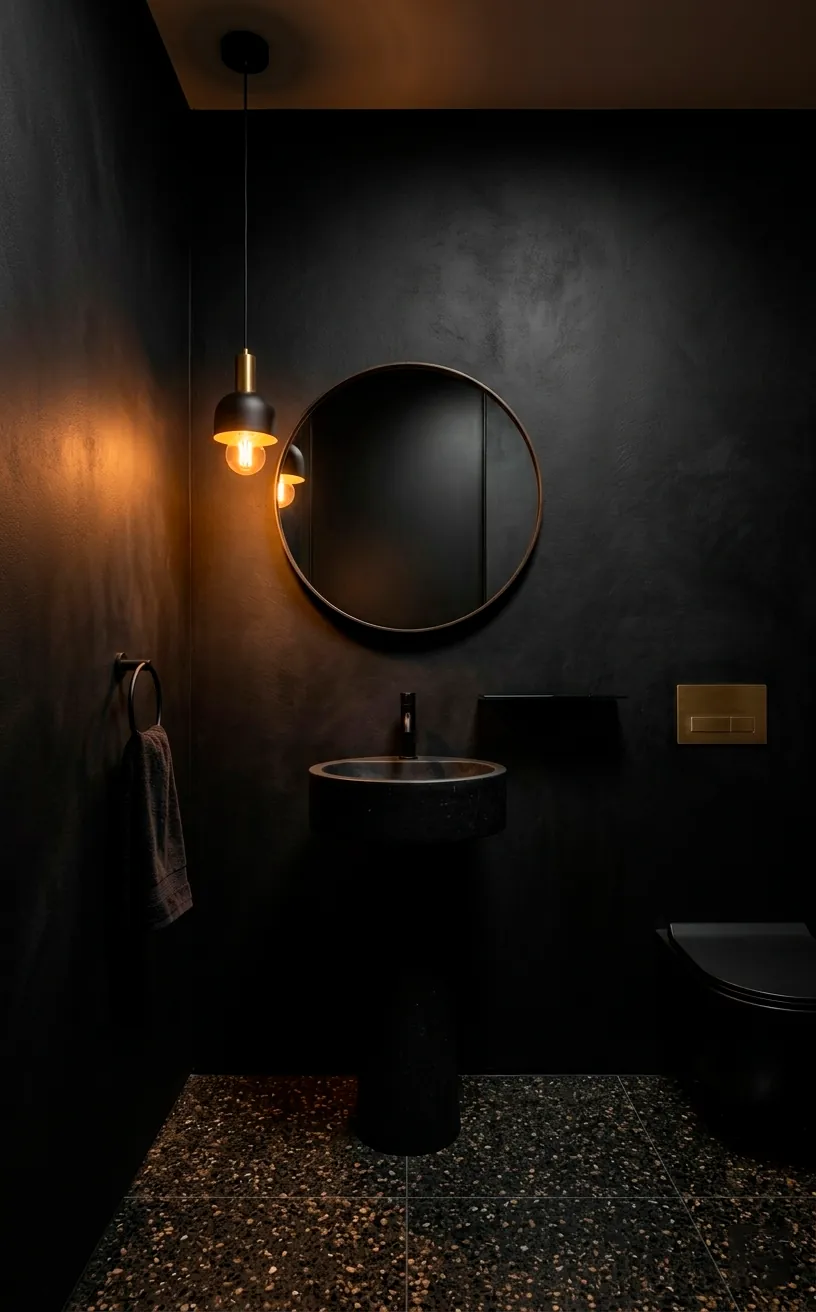 Sleek powder room with matte black walls and a modern black pedestal sink.