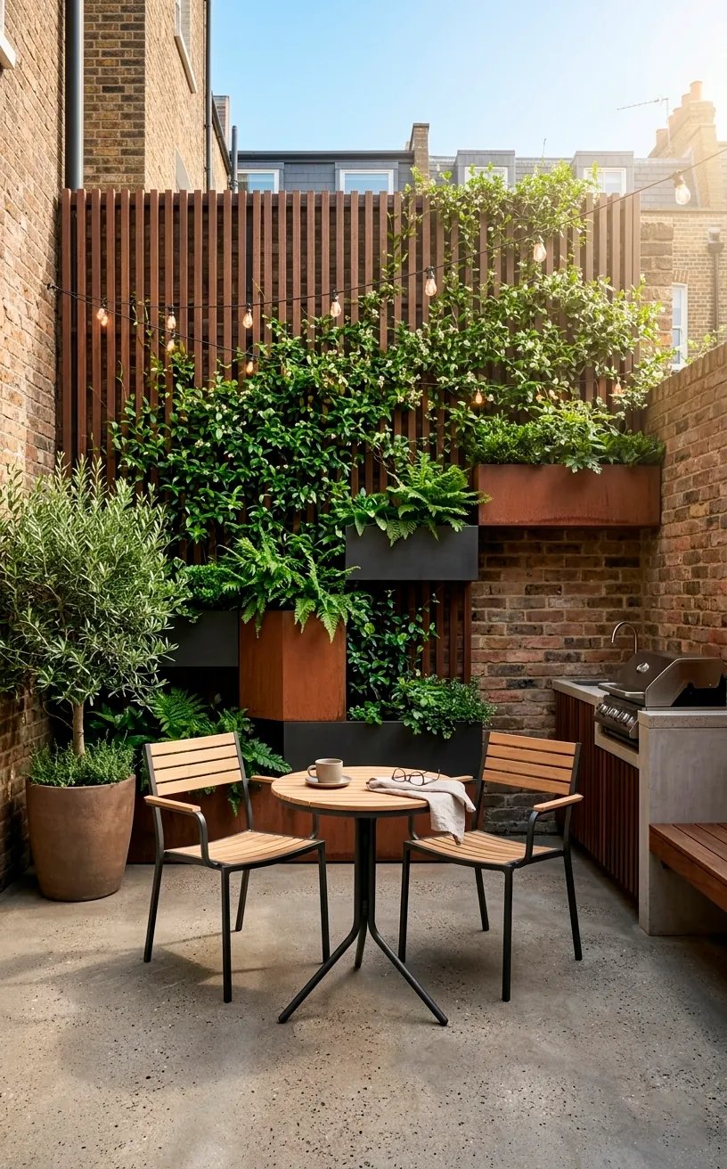 Vertical garden trellis on a brick wall in a modern small urban backyard with morning light.