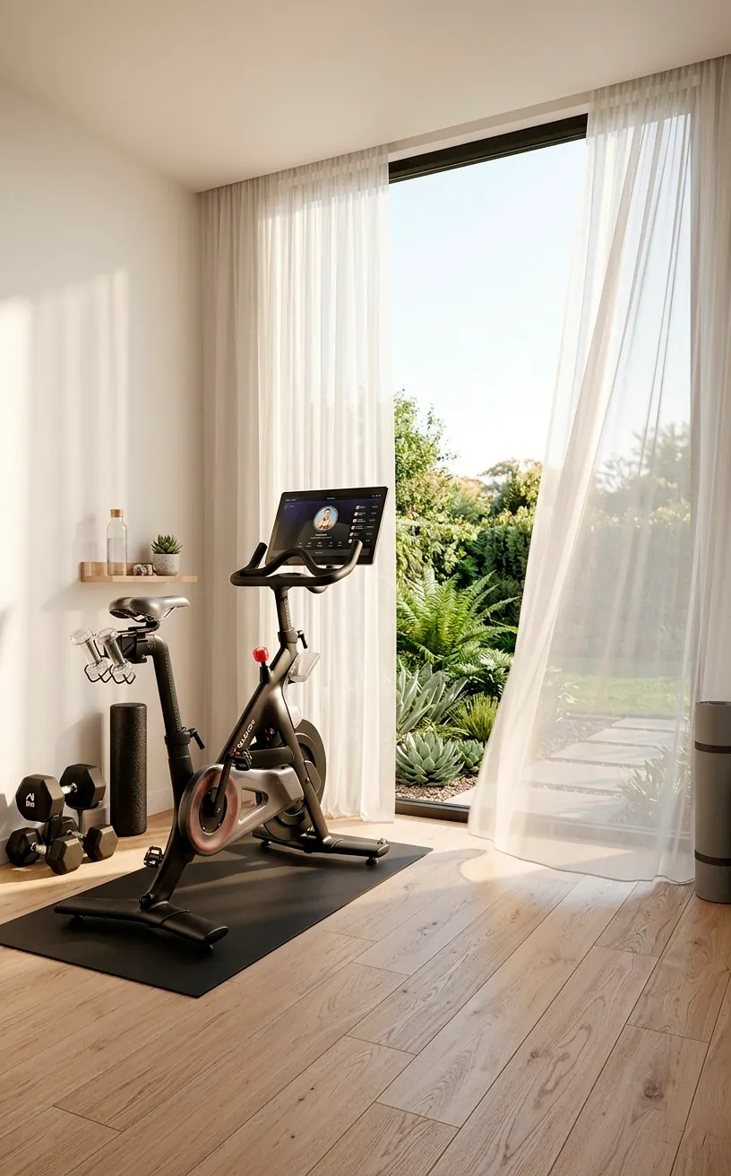 Sun-drenched home gym with a sleek stationary bike by a large window and sheer white curtains.