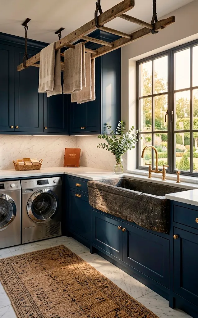 Luxury laundry room with a rustic antique stone trough sink and modern navy blue cabinetry design.