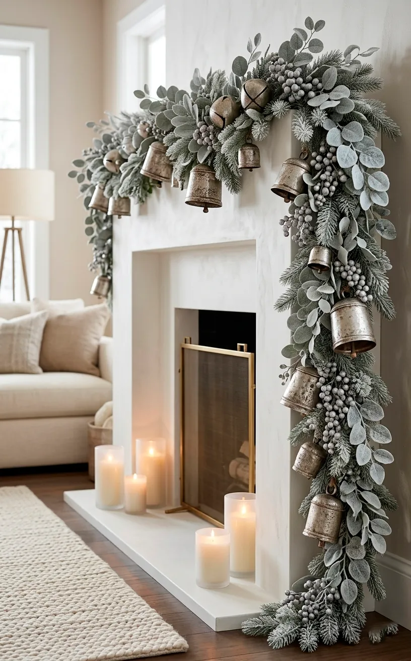 Frosted silver eucalyptus garland with large silver bells draped on a white fireplace mantel.
