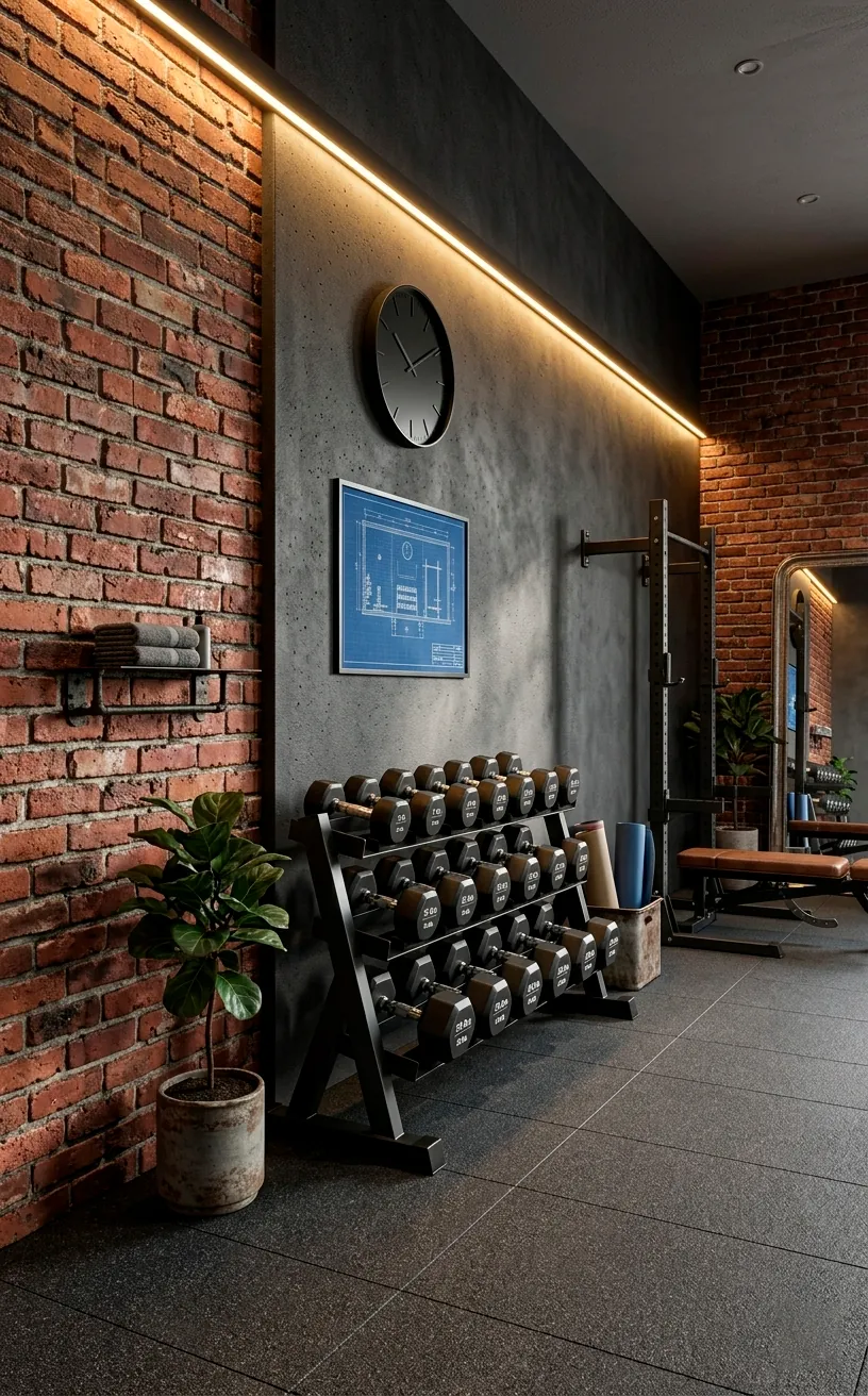 Industrial gym interior with exposed red brick and dark concrete walls.