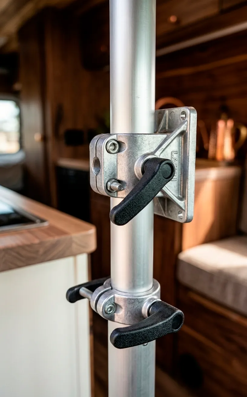 Close-up of a silver aluminum Lagun table leg and locking mechanism in a camper.