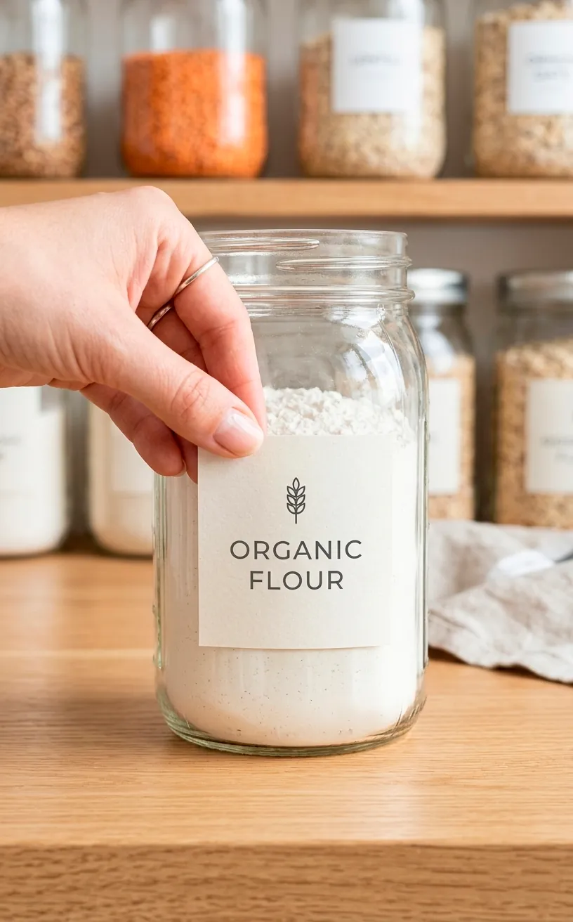 Close up of a minimalist label being applied to a glass flour jar.