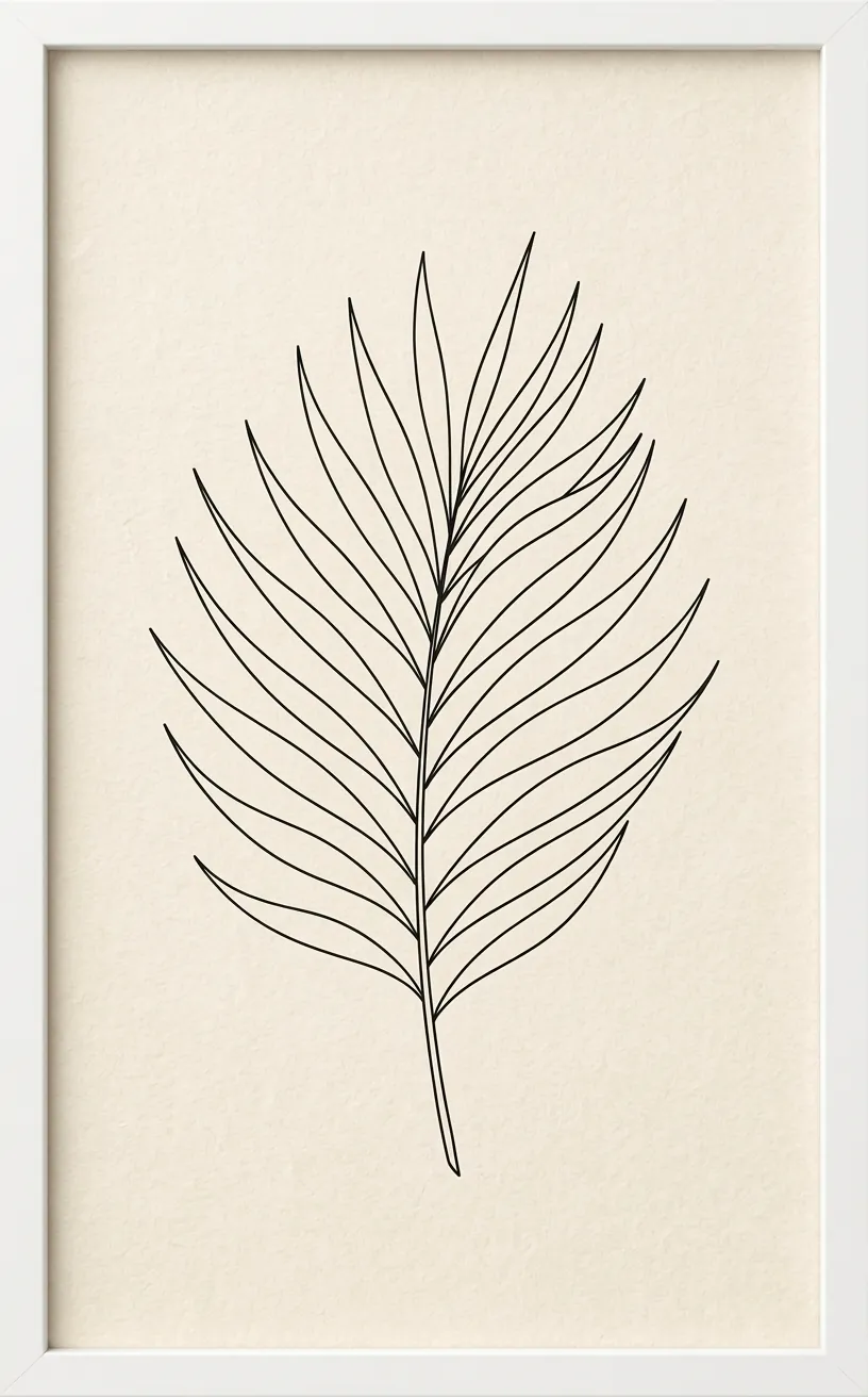 Minimalist black and white palm line art print in a white frame.