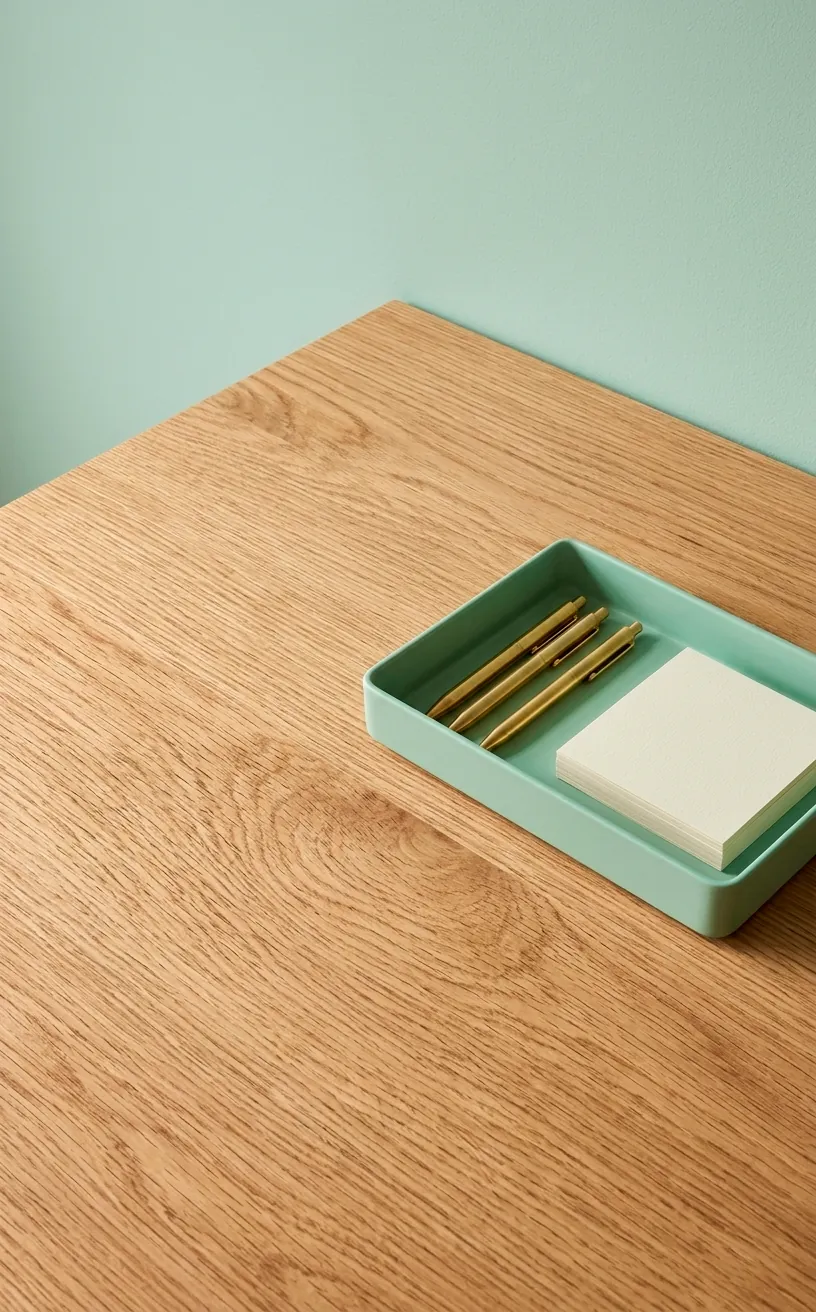 Detailed view of an oak desk surface with wood grain and a mint green organizer.
