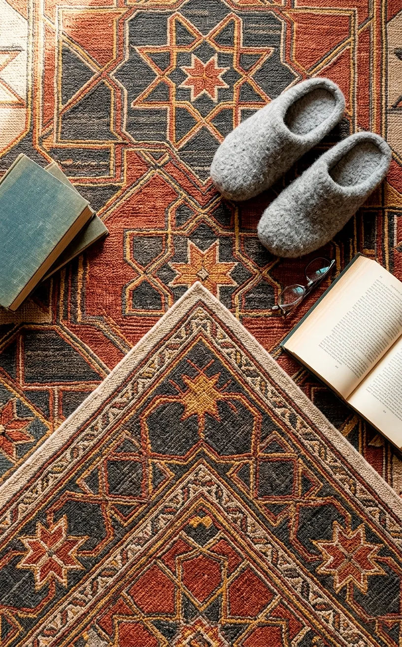 Close-up of a textured geometric rug with slippers and an open book.