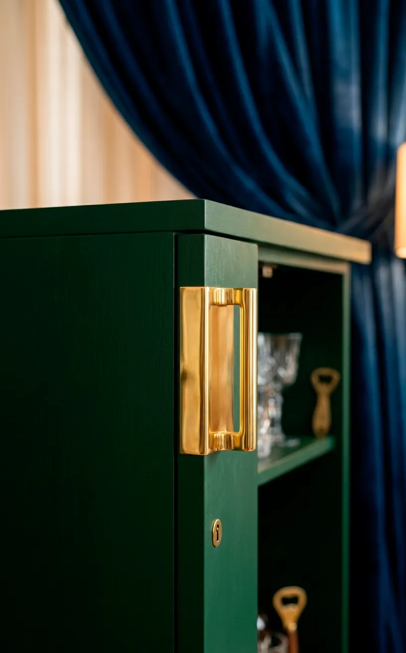 Detailed view of forest green cabinetry and brass hardware in a luxury home bar.