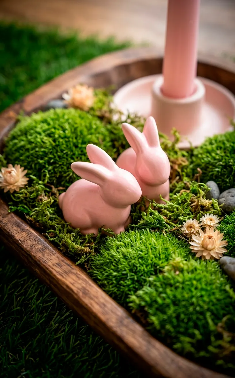 Detail shot of small pink ceramic bunnies sitting in a decorative tray with green moss.