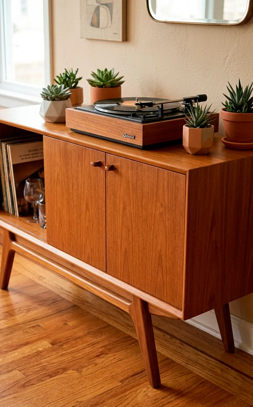 Tapered legs and clean lines of a teak mid-century modern bar cabinet with a record player.