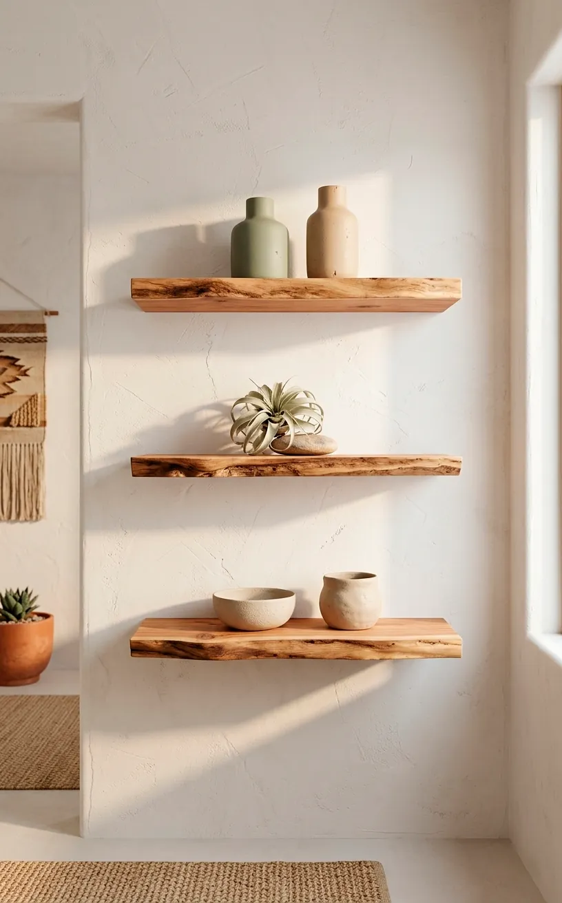 Floating live-edge cedar shelves on a white plaster wall in a minimalist room.