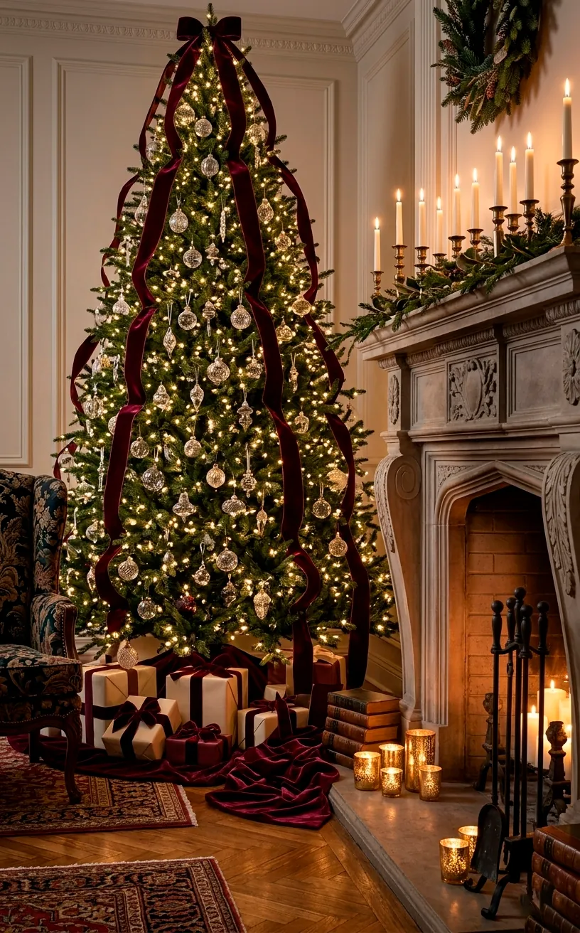 Luxury holiday tree decorated with long flowing burgundy velvet ribbons in a high-end living room.